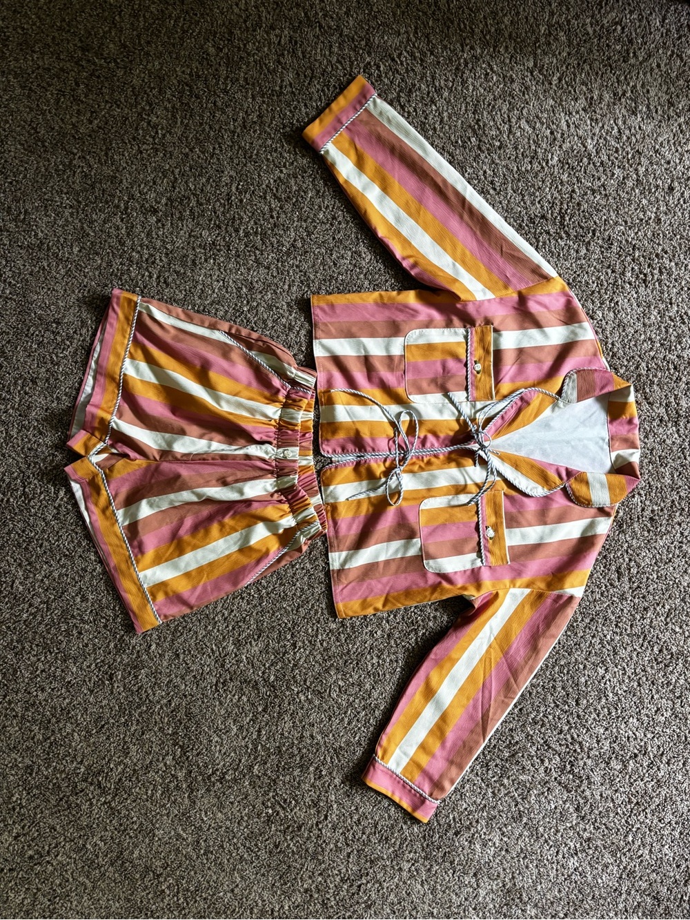 Striped Two-Piece Shirt & Shorts Set in Pink, Mustard & Cream